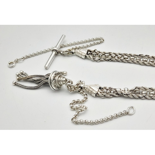 98 - Vintage SILVER WATCH CHAIN NECKLACE.Complete with ‘T’ bar and  a Tassel Fob. SILVER BELCHER and  ROP... 