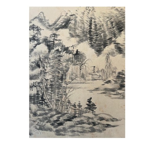 87 - A mountain site with river view - Chinese ink on paper - Attributed to Zhang Daqian (1899-1983), one... 