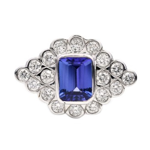 93 - 18ct white gold TANZANITE and DIAMOND ring, 1.09ct emerald cut Tanzanite centre stone surrounded by ... 