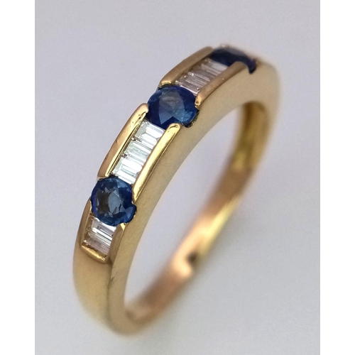 114 - A 18K YELLOW GOLD DIAMOND & SAPPHIRE BAND RING ,  0.30CT BAGUETTE CUT DIAMONDS & 0.36CT BEAUTIFUL CO... 