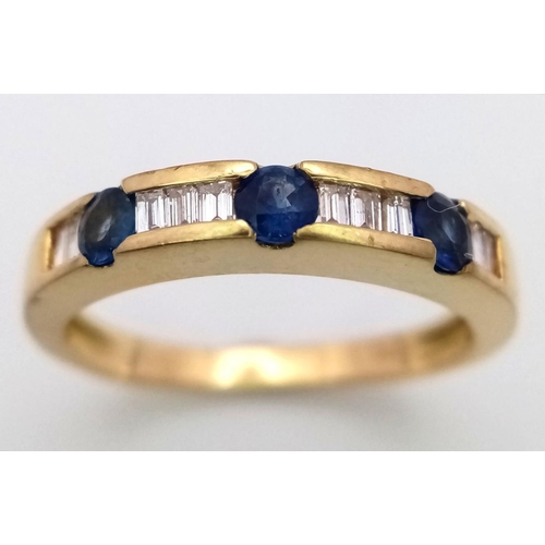 114 - A 18K YELLOW GOLD DIAMOND & SAPPHIRE BAND RING ,  0.30CT BAGUETTE CUT DIAMONDS & 0.36CT BEAUTIFUL CO... 