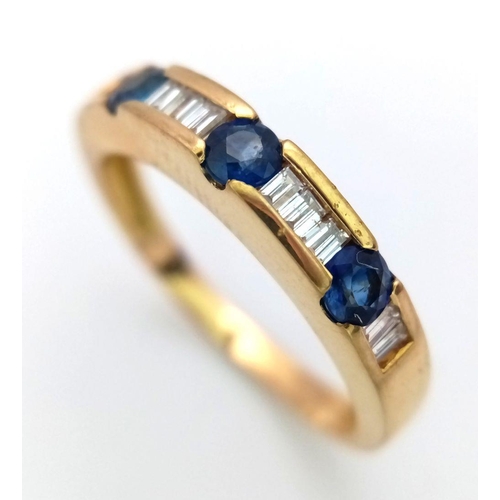 114 - A 18K YELLOW GOLD DIAMOND & SAPPHIRE BAND RING ,  0.30CT BAGUETTE CUT DIAMONDS & 0.36CT BEAUTIFUL CO... 