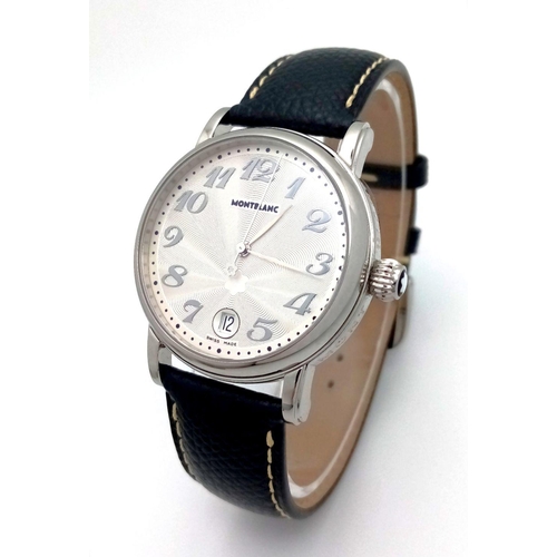 176 - A Montblanc Meisterstuck Quartz Gents Watch. Black leather strap. Stainless steel case - 36mm. White... 