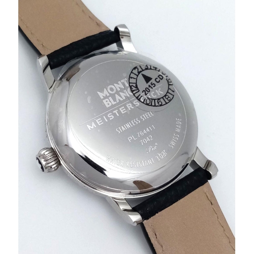 176 - A Montblanc Meisterstuck Quartz Gents Watch. Black leather strap. Stainless steel case - 36mm. White... 