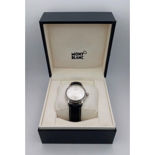 176 - A Montblanc Meisterstuck Quartz Gents Watch. Black leather strap. Stainless steel case - 36mm. White... 