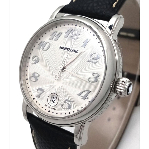 176 - A Montblanc Meisterstuck Quartz Gents Watch. Black leather strap. Stainless steel case - 36mm. White... 