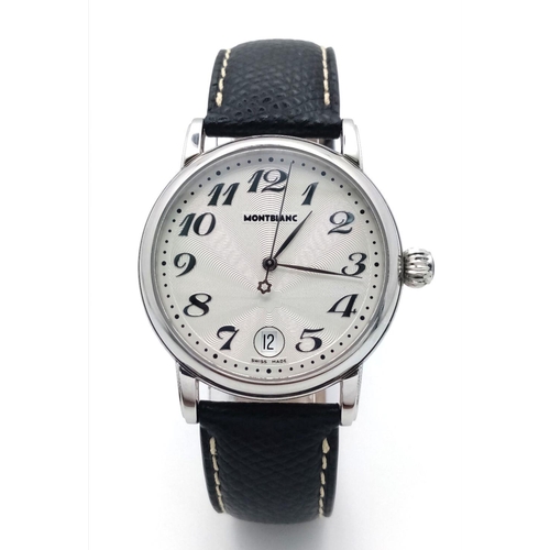 176 - A Montblanc Meisterstuck Quartz Gents Watch. Black leather strap. Stainless steel case - 36mm. White... 