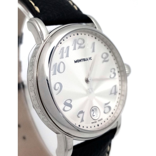 176 - A Montblanc Meisterstuck Quartz Gents Watch. Black leather strap. Stainless steel case - 36mm. White... 