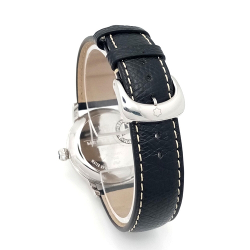 176 - A Montblanc Meisterstuck Quartz Gents Watch. Black leather strap. Stainless steel case - 36mm. White... 