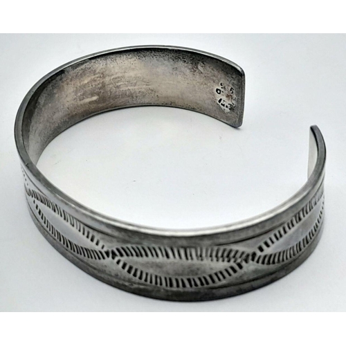 210 - SOLID SILVER CUFF BANGLE. Full UK Hallmark. Having attractive chased design. Please see pictures . 3... 