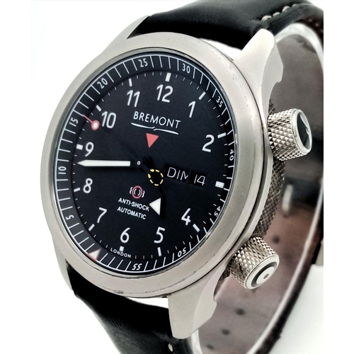 22 - A Stylish Bremont BRII Automatic Gents Watch. Black leather strap. Stainless steel case - 43mm. Blac... 