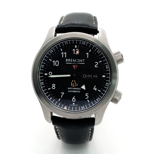 22 - A Stylish Bremont BRII Automatic Gents Watch. Black leather strap. Stainless steel case - 43mm. Blac... 