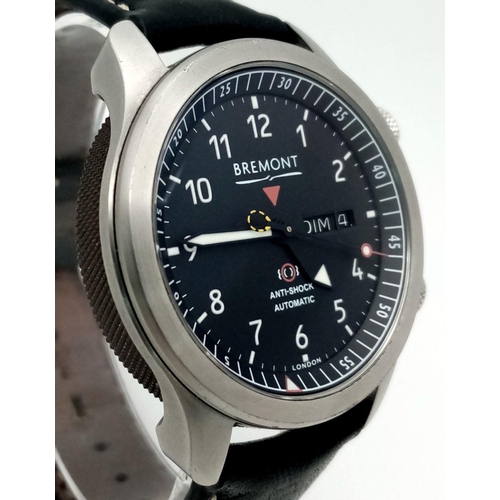 22 - A Stylish Bremont BRII Automatic Gents Watch. Black leather strap. Stainless steel case - 43mm. Blac... 