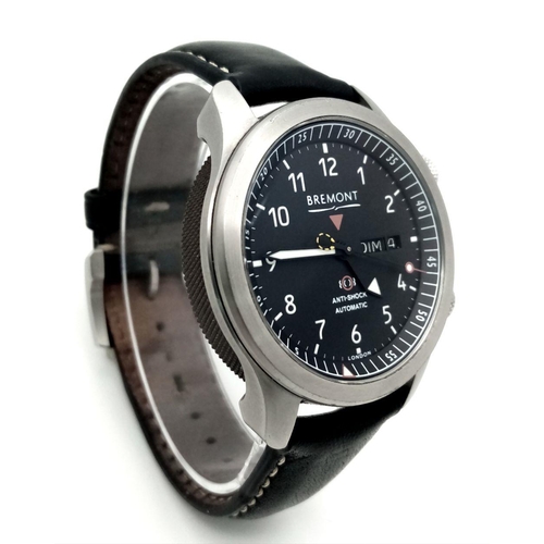 22 - A Stylish Bremont BRII Automatic Gents Watch. Black leather strap. Stainless steel case - 43mm. Blac... 