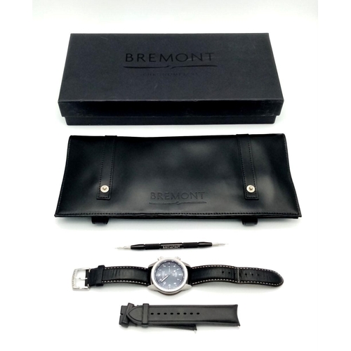 22 - A Stylish Bremont BRII Automatic Gents Watch. Black leather strap. Stainless steel case - 43mm. Blac... 