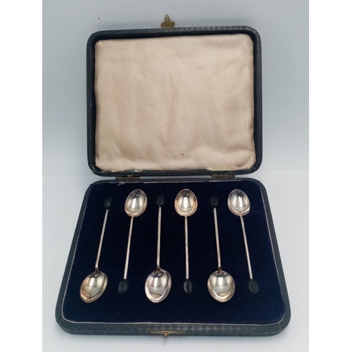 275 - A 1924 DATED SET OF 6 COFFEE SPOONS WITH COFFEE BEAN HANDLES MADE IN SILVER AND IN THE ORIGINAK PRES... 