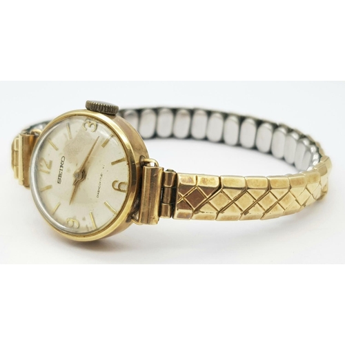 281 - A VINTAGE 9K GOLD SEIKO LADIES WATCH ON AN EXCALIBUR EXPANDING STRAP ,MANUAL MOVEMENT , WORKING BUT ... 