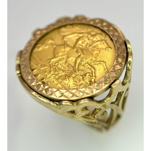 295 - A 22K GOLD GEORGE V HALF SOVEREIGN SET IN A 9K GOLD RING.   8.6gms