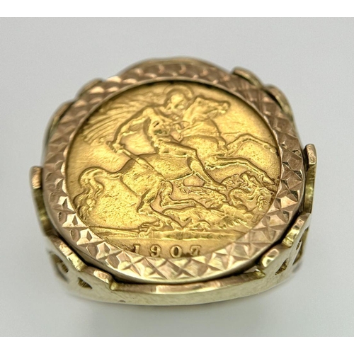 295 - A 22K GOLD GEORGE V HALF SOVEREIGN SET IN A 9K GOLD RING.   8.6gms