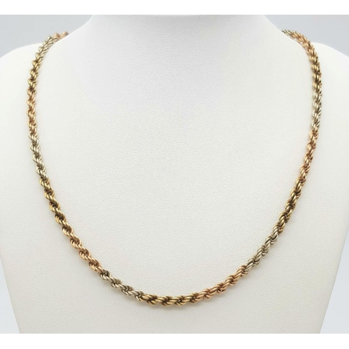 304 - A 9K 3 COLOUR GOLD ROPE NECKLACE 8.3G , 26.7cm LENGTH.

ref: SC 2075