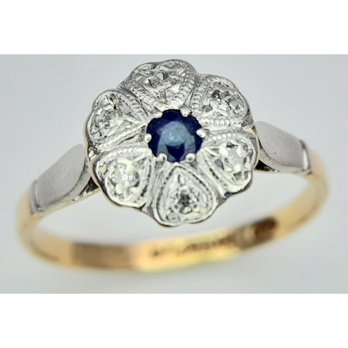 333 - A 18K YELLOW GOLD & PLATINUM VINTAGE DIAMOND & SAPPHIRE FLORAL DESIGN RING 2.4G, SIZE N.

ref: SC 20... 