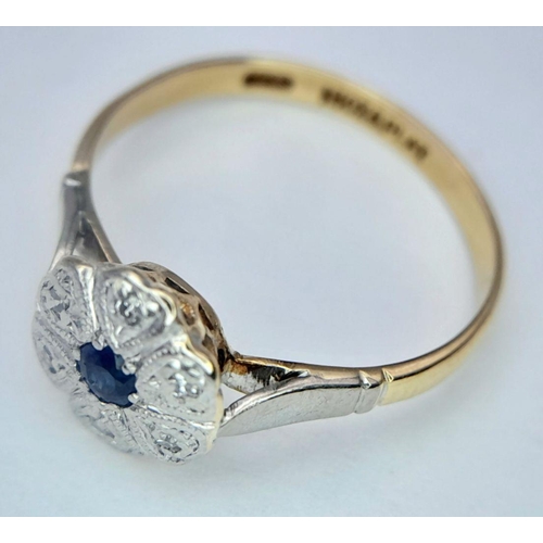 333 - A 18K YELLOW GOLD & PLATINUM VINTAGE DIAMOND & SAPPHIRE FLORAL DESIGN RING 2.4G, SIZE N.

ref: SC 20... 