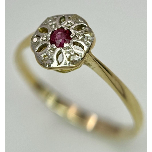 380 - A  18K (TESTED AS) YELLOW GOLD DIAMOND & RUBY VINTAGE RING 1.7G SIZE O 1/2

ref: SC 2057