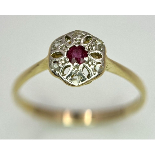 380 - A  18K (TESTED AS) YELLOW GOLD DIAMOND & RUBY VINTAGE RING 1.7G SIZE O 1/2

ref: SC 2057