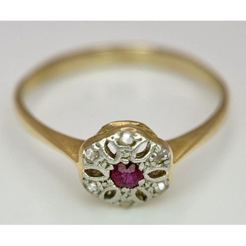 380 - A  18K (TESTED AS) YELLOW GOLD DIAMOND & RUBY VINTAGE RING 1.7G SIZE O 1/2

ref: SC 2057