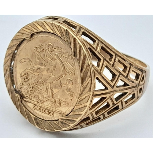 442 - A 9K GOLD ST GEORGE RING.    3.7gms   size Q