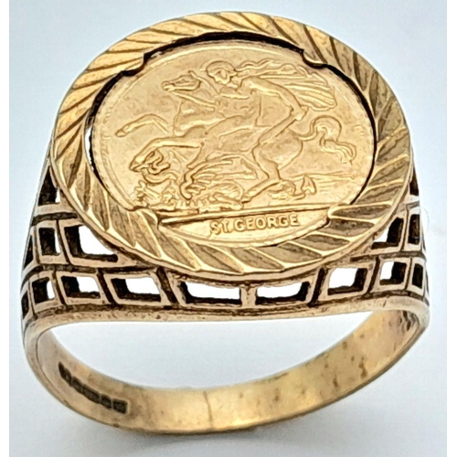 442 - A 9K GOLD ST GEORGE RING.    3.7gms   size Q