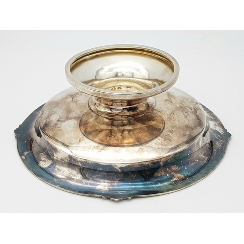 484 - A SOLID SILVER FOOTED DISH PRESENTED TO D.M.B. IN 1970  .     258.6gms    18cms DIAMETER