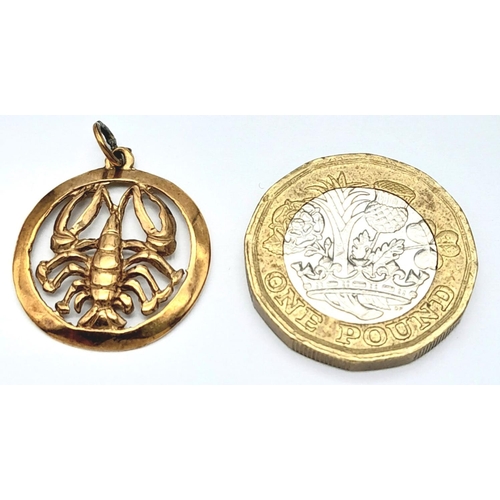 530 - A 9K YELLOW GOLD ASTROLOGY CANCER STAR SIGN PENDANT 1.8G, 2CM DIAMETER.

ref: SC 2010