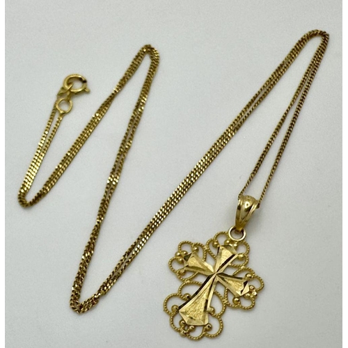 77 - Beautiful 14 CARAT GOLD CROSS with filigree surround mounted on a fine 9 carat GOLD CHAIN NECKLACE. ... 