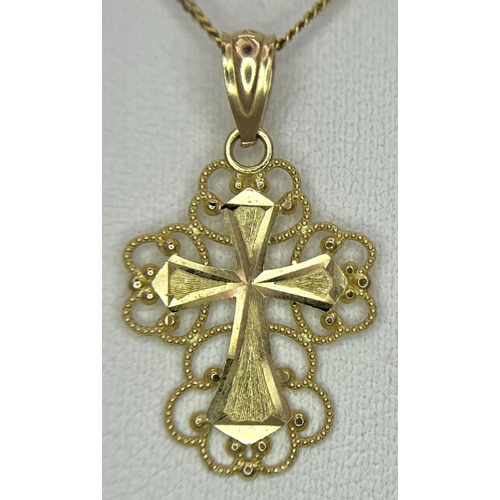 77 - Beautiful 14 CARAT GOLD CROSS with filigree surround mounted on a fine 9 carat GOLD CHAIN NECKLACE. ... 