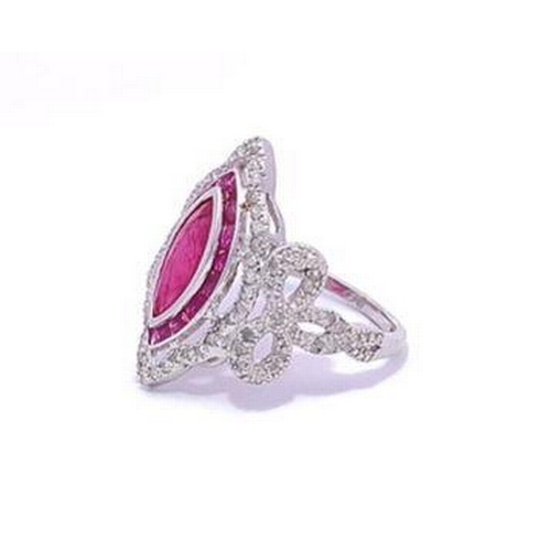 477 - 18ct white gold RUBY and DIAMOND ring, 1.00ct marquise Ruby centre stone, decorated with 0.25ct diam... 