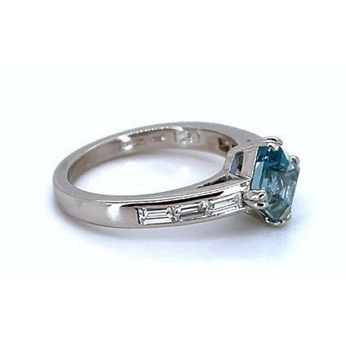 498 - Platinum AQUAMARINE and DIAMOND ring, with 1.29ct asscher claw set AQUAMARINE centre, decorated with... 