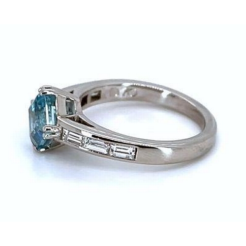 498 - Platinum AQUAMARINE and DIAMOND ring, with 1.29ct asscher claw set AQUAMARINE centre, decorated with... 