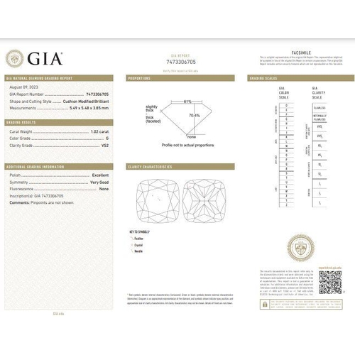 540 - 1.02ct square cushion cut DIAMOND stone, colour G, VS2, come with GIA certificate.
Measurement 5.49 ... 