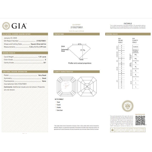 582 - 1.01ct asscher cut DIAMOND stone, colour E, SI1, come with GIA certificate.
Measurement 5.34x5.13x3.... 