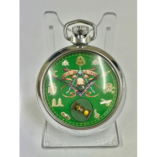 402 - A Vintage gents Masonic automaton pocket watch , hour glass rotates as watch ticks, Working order.