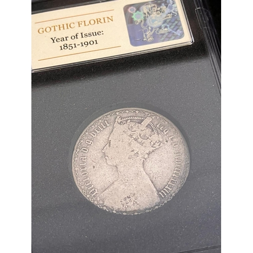 399 - Magnificent Presentation set of 2 x GOTHIC FLORINS 1849 and 1883. Complete with large display capsul... 