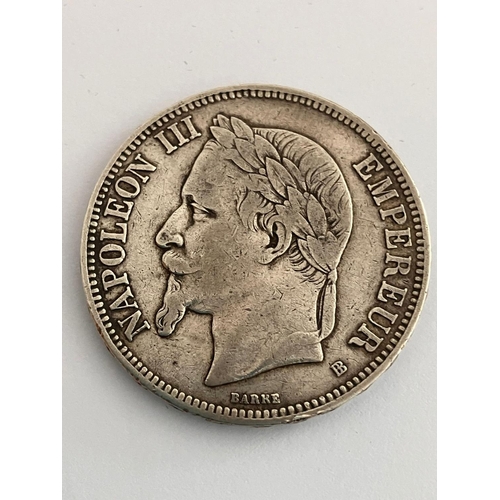 427 - 1870 NAPOLEON III SILVER 5 FRANC COIN. Strasbourg mint. Extra fine condition. Complete  with protect... 