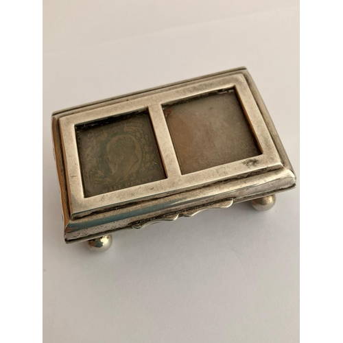 476 - Antique SILVER DOUBLE STAMP BOX. Hallmark for William Manton, Chester 1901.Standing on 4 Ball feet a... 