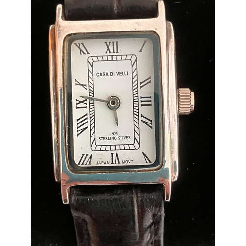 602 - Ladies solid SILVER CASA DI VELLI WRISTWATCH. Tank Style. Hallmark to back. Black leather strap. Qua... 