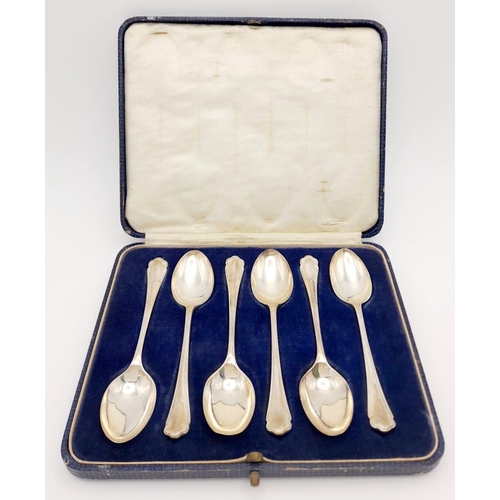 276 - A SET OF 6 SOLID SILVER TEA SPOONS IN THE ORIGINAL CASE DATED 1929 MADE BY HENRY ARCHER AND CO.