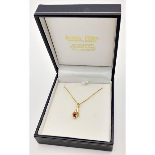 445 - An Art Nouveau Style, 9 Carat Gold Ruby Set Necklace, Necklace 41cm in Length. Pendant 1.6cm in Leng... 