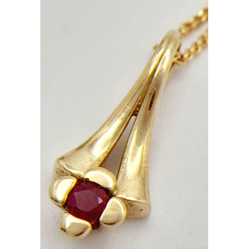 445 - An Art Nouveau Style, 9 Carat Gold Ruby Set Necklace, Necklace 41cm in Length. Pendant 1.6cm in Leng... 