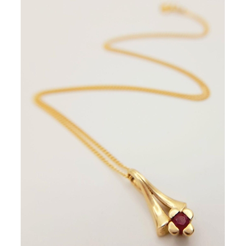 445 - An Art Nouveau Style, 9 Carat Gold Ruby Set Necklace, Necklace 41cm in Length. Pendant 1.6cm in Leng... 