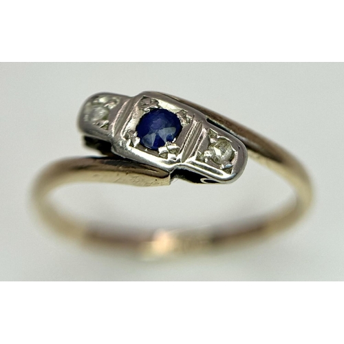 593 - A 18K YELLOW GOLD & PALLADIUM VINTAGE DIAMOND & SAPPHIRE TWIST RING 1.6G, SIZE L 1/2.

ref: SC 9001